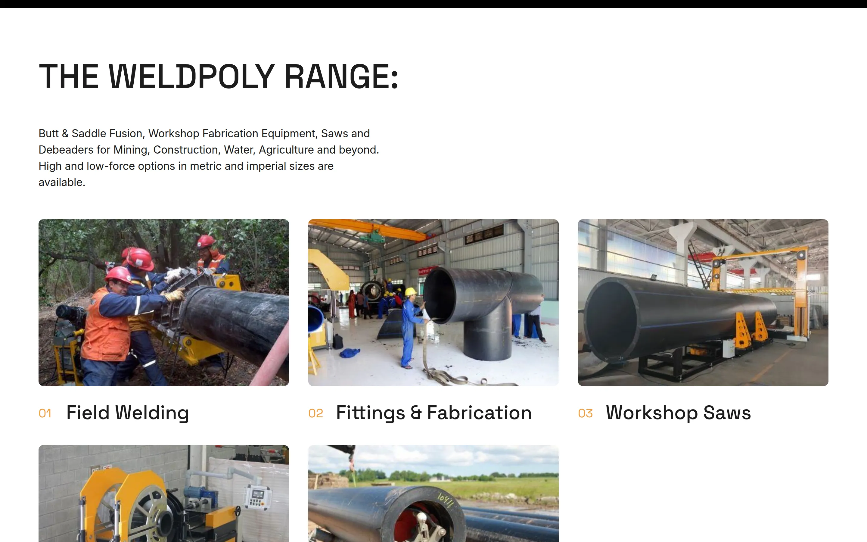 The Weldpoly website, showing the product range section with categories for field welding, fittings and fabrication, and workshop saws.